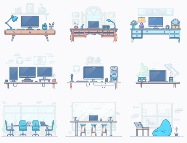 Workspace Illustrations Pack commercial Vector illustration library preview for Business