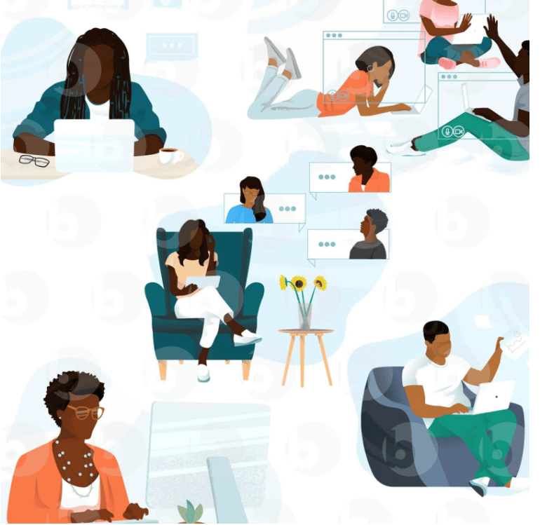 The Remote Work Illustration Pack commercial Vector illustration library preview for Tech