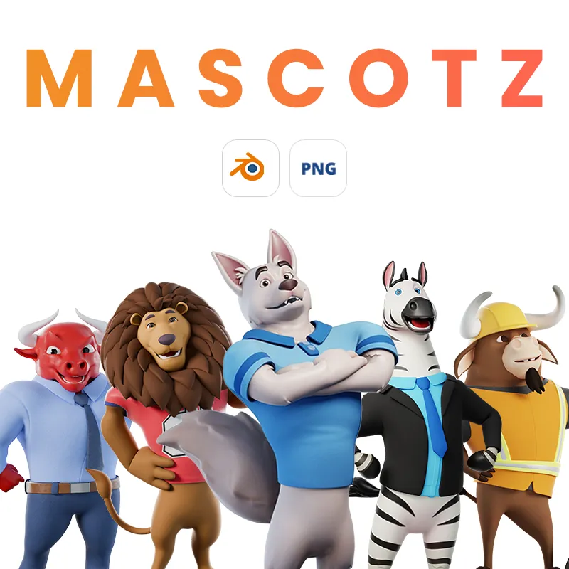 Mascotz by ThreeDee — 5 fully rigged 3D cartoon mascots including Lion, Zebra, Bull, Wolf, and Business Bull